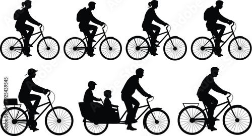 Bicycle silhouettes, cycling illustration, bike riders, family cycling, cargo bike, basket bicycle, transportation concept, outdoor activity, cycling diversity, mobility design, lifestyle