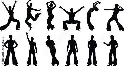 Retro Dance Party Silhouette Collection Featuring Disco Dancers in Energetic Poses Showing Music Celebration, Nightlife Fun and Vintage Dance Culture