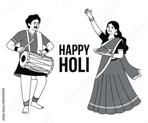 Indian Man Playing Drum and Woman Celebrating Holi Festival in Traditional Attire