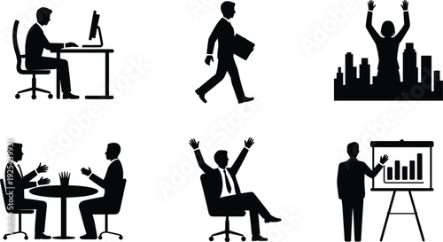 Business silhouettes, office activities, teamwork, meeting, computer work, briefcase, success celebration, presentation, corporate life, professional icons, workplace, discussion, report
