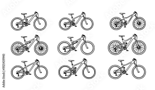 Mountain Bike Line Art Vector Icon Set in Minimal Monoline Style Isolated on White Background
