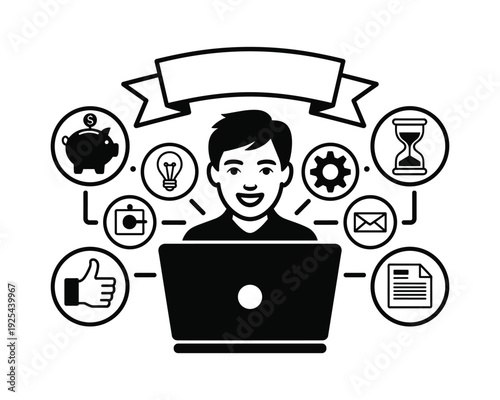 Creative businessman surrounded by various business icons representing success and productivity in a digital age concept