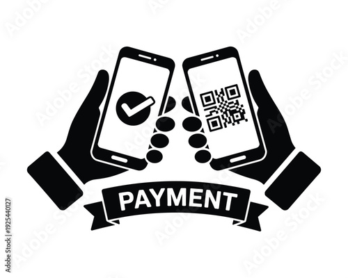 Two hands hold smartphones demonstrating mobile payment concept with QR code and checkmark icon