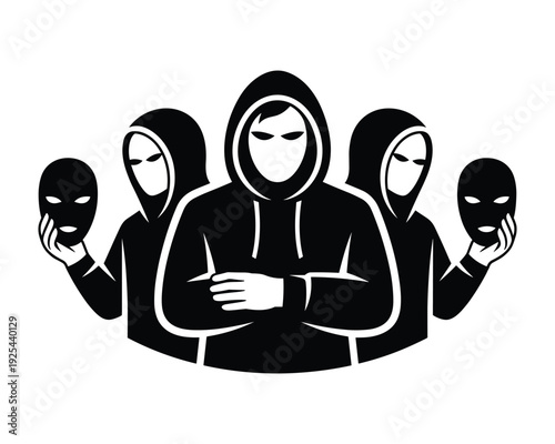 Three mysterious figures wearing hoods and masks concealing their identities and intentions