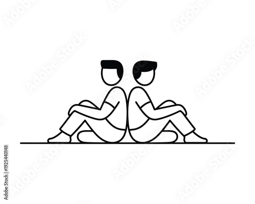 Two minimalist abstract figures sitting back to back on a white background illustration