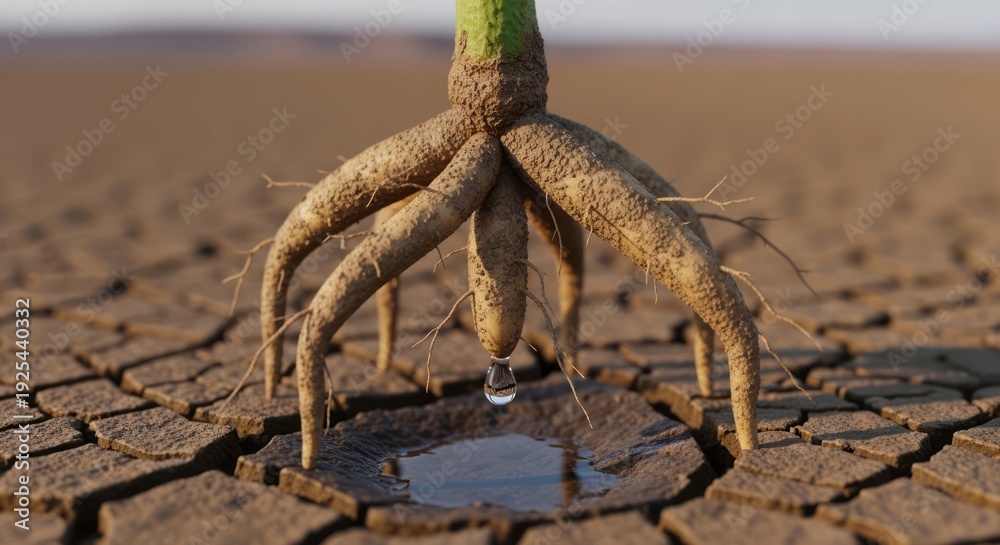 Naklejka premium Drought-stricken plant struggles to survive in arid landscape