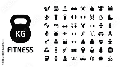 Fitness icons set with kettlebell and various workout symbols on white background for healthy lifestyle and exercise