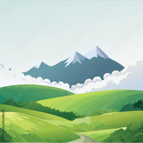 Cartoon landscape illustration of rolling green hills and mountains
