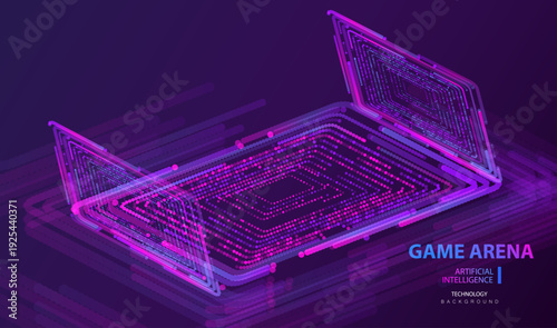 Game arena in artificial intelligence technology style. Gaming ai stage for e-sports contest. Vector particles ai dotted stadium in purple tones.