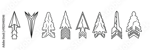 Set of 9 vector arrowheads or spearheads in outline design, prehistoric hunting tools
