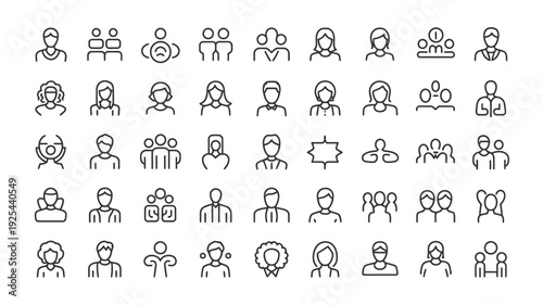 Collection of diverse people icons in line art style for business and communication concepts