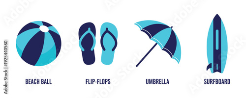Summer vacation icons: beach ball, flip-flops, umbrella, surfboard vector set
