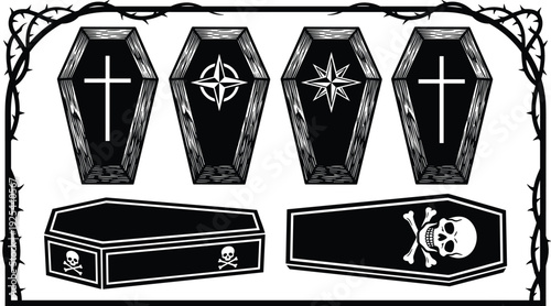 Gothic Coffin and Cross Silhouette Collection Featuring Funeral Symbols, Skull Decorations and Halloween Death Theme Illustration with Vintage Frame Design