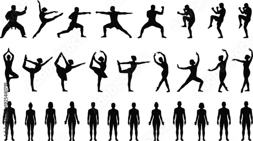 Fitness and Martial Arts Silhouette Collection Featuring Yoga, Karate, Stretching and Exercise Poses Showing Active Lifestyle and Body Movement Illustration