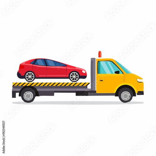 Red car being transported on a yellow tow truck service, vector illustration