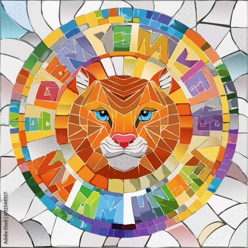 Colorful polygonal tiger head on an abstract esoteric calendar wheel illustration