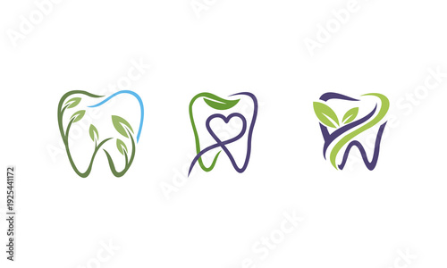 Three stylized tooth illustrations with green and blue outlines on a clean white background from a direct viewpoint
