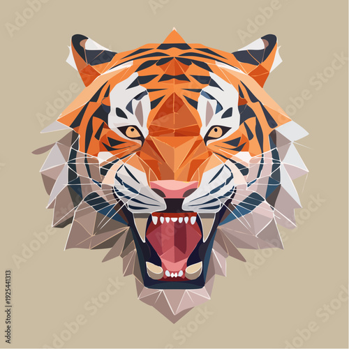 Dynamic polygonal tiger head roaring illustration, embodying strength and wildlife artistry in vibrant geometric style