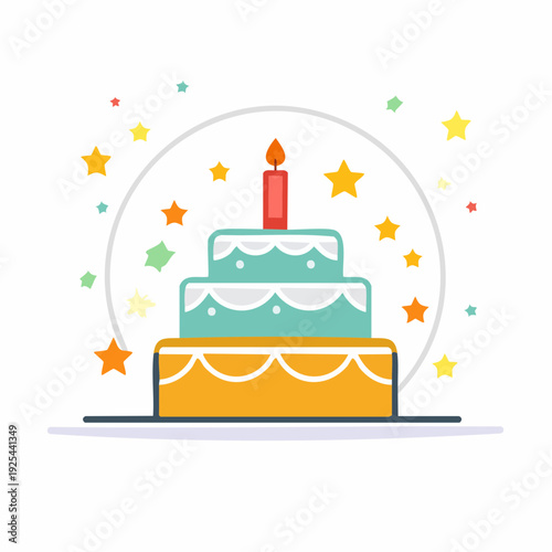 Festive layered cake with single lit candle surrounded by stars, celebration concept
