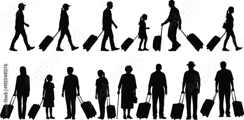 Large Silhouette Collection of Diverse People Walking and Standing with Luggage Suitcases for Travel Tourism and Airport Terminal Concept Isolated on White Background