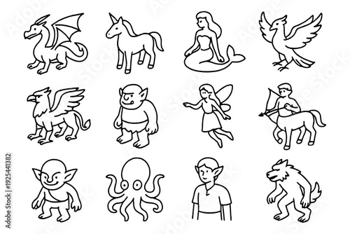Mythical creatures: hand-drawn fantasy characters collection
