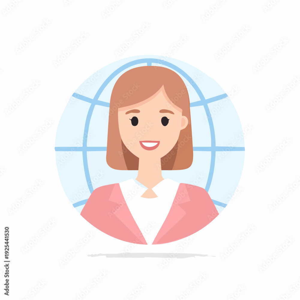 Obraz premium Smiling woman in pink blazer with a world globe background, flat vector illustration.