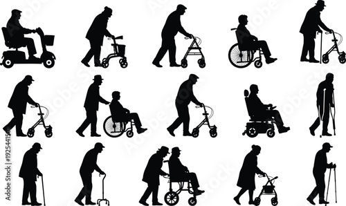 Elderly Mobility Assistance Silhouette Set Showing Seniors Using Walker, Wheelchair, Cane and Mobility Scooter for Healthcare and Aging Support Concept
