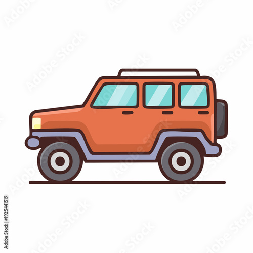 Cartoon illustration of a bright orange SUV vehicle with big tires, for transportation and adventure