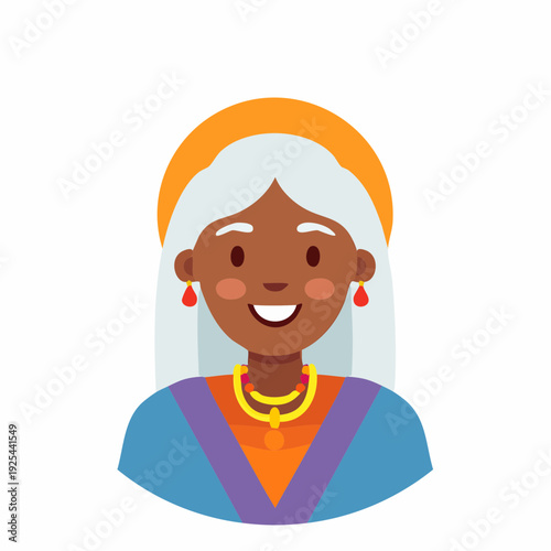 Smiling elderly woman with gray hair and ethnic jewelry, cartoon illustration