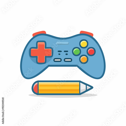 Illustration of a cartoon gaming controller and a pencil concept for creativity and entertainment.