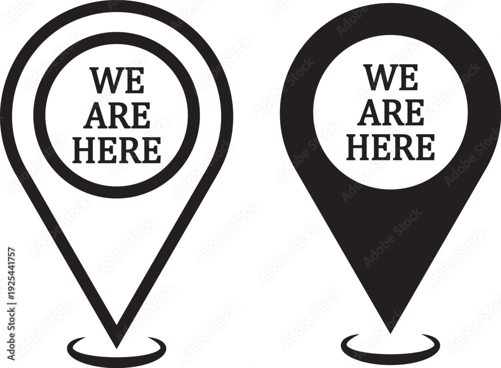 Fototapeta premium Set we here location vector icon. are you here with map icon. Location pin. Location icon set, Map pin place marker. location pointer icon symbol in flat style. Start Here Map Icon Set – Location Pin,