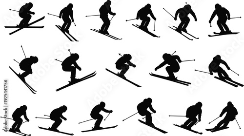 Professional Silhouette Collection of Downhill Alpine Skiers in Action Poses Isolated on White Background for Winter Sports Competition and Mountain Resort Vacation Promotion