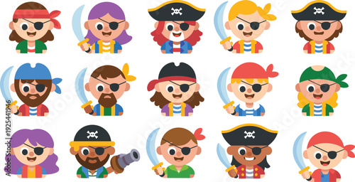 Cartoon pirate characters, pirate illustration, diverse designs, pirate hats, swords, telescope, adventure theme, cartoon drawing, pirate crew, character set, entertainment