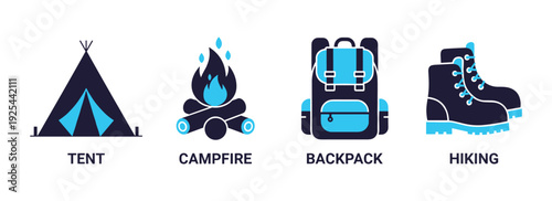 Camping adventure outdoor essentials: tent, campfire, backpack, hiking boots vector