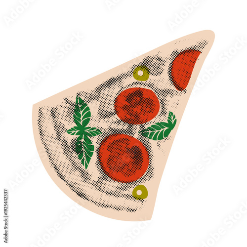 Retro Halftone Italian Pizza Slice Collage. Vintage Mixed Media Pizza Sticker with Tomato and Basil. Grunge Dotted Texture Vector.