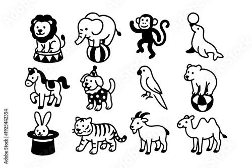 Black and white circus animals collection for children's designs