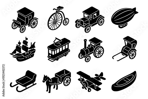 Vintage transport icons set: classic carriages, ships, and airship silhouettes