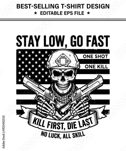 Skull soldier with guns and american flag tshirt design for men isolated on transparent background