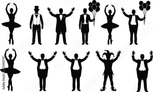 Celebration Performer Silhouette Collection Featuring Dancers, Entertainers and Party Characters with Balloons Showing Festive Event and Entertainment Concept