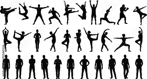 Active people silhouette collection featuring yoga poses, jumping movements, fitness exercises, dance actions, and standing human figures isolated on white background