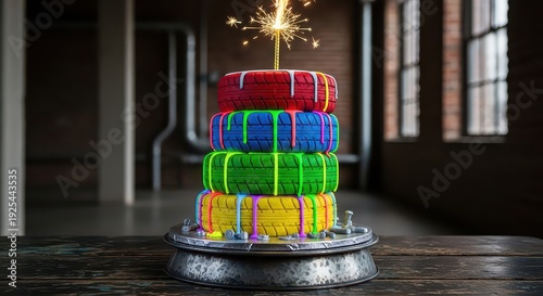 Multicolored tire birthday cake with vibrant drips and a sparkler candle in an industrial setting