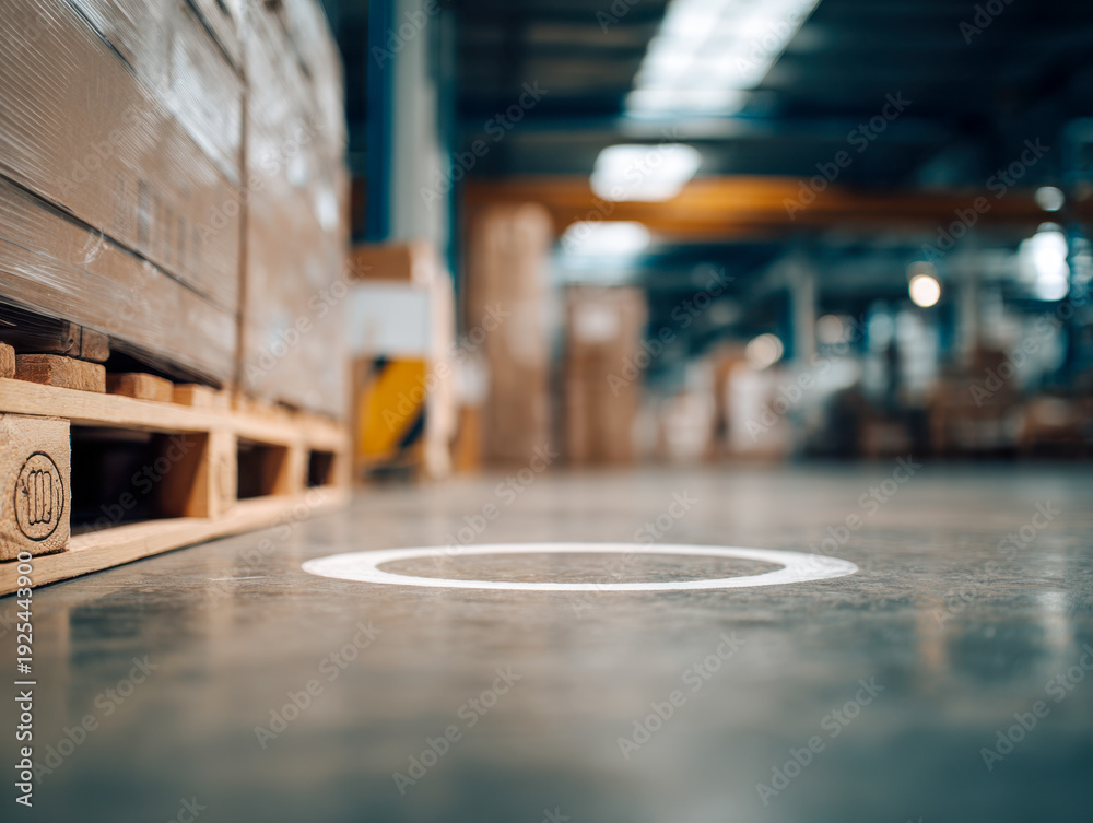 custom made wallpaper toronto digitalSpacious warehouse interior with pallets wrapped in plastic placed on concrete floor marked with safety circle under industrial lighting system