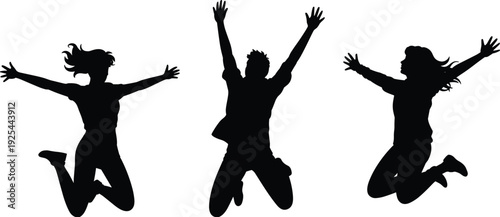 Happy jumping people silhouette set, excited men and women celebrating success isolated vector illustration