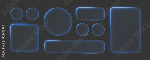 Liquid glass smartphone icon interface isolated for dark theme. Blue UI buttons light frame circle banner with glow stroke. Control center widget for smartphone and web app, vector illustration.	
