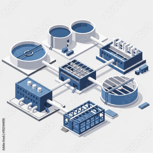 Isometric illustration of a water treatment plant with various stages and equipment.