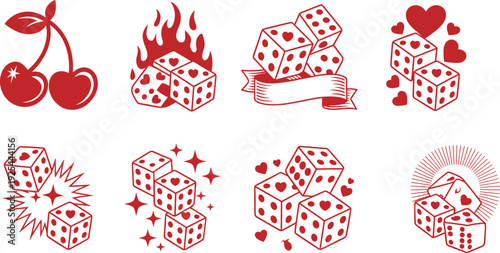 Gambling symbols, dice illustration, tattoo art, cherries, skull design, flame dice, ribbon banner, hearts, sparkles, red graphic, casino theme