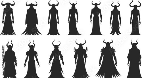 Horned dark fantasy character silhouettes set, mysterious demon queen figures isolated vector illustration collection