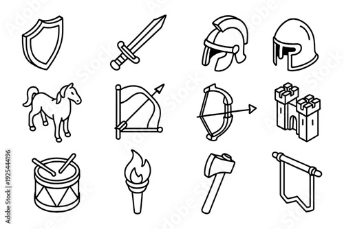 Medieval icon set featuring weapons, armor, and symbols in black and white linear style