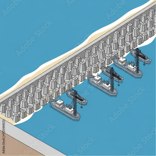 Isometric illustration of cargo ships docked at a city port with cranes.