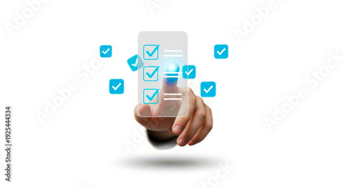 Wallpaper Mural Human finger interacting with a digital interface element featuring multiple blue checkmarks indicating successful completion of tasks on white background Torontodigital.ca